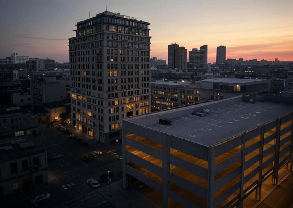 Abendansicht einer Stadt mit einem modernen Hotelgebäude und einem benachbarten Parkhaus bei Sonnenuntergang, symbolisierend für Hotels und Parkhäuser als nicht begünstigtes Verwaltungsvermögen im Kontext von Schenkung- und Erbschaftsteuer.