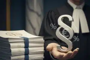 Ein Richter hält ein metallisches Paragraphen-Symbol neben gestapelten juristischen Dokumenten mit blauen Bändern.