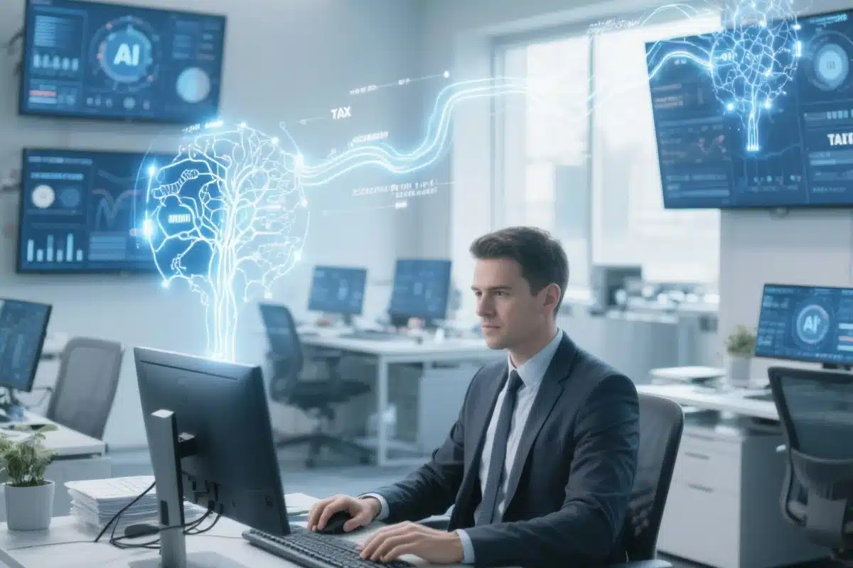 Ein Mann im Anzug arbeitet an einem Computer in einem modernen Büro mit digitaler KI und Steuerdatengrafiken um ihn herum.