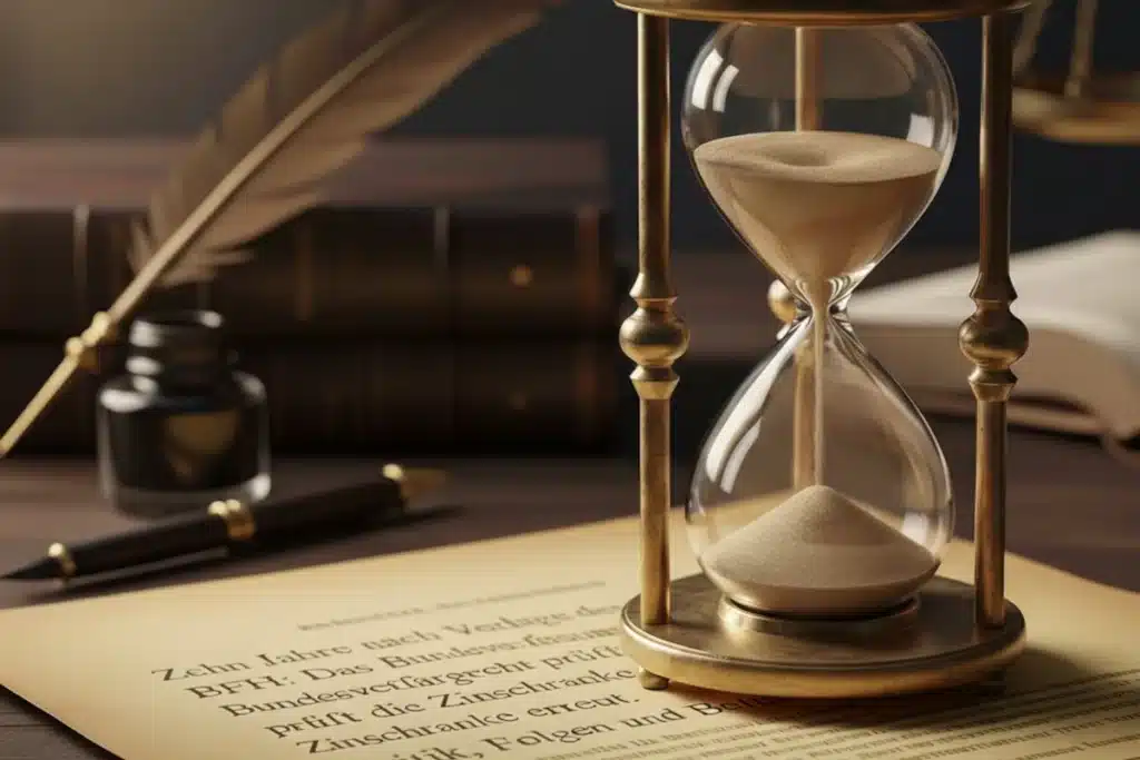 Eine Sanduhr, alte Bücher, ein Federkiel und ein Tintenfass auf einem Schreibtisch mit einem Dokument in deutscher Sprache.