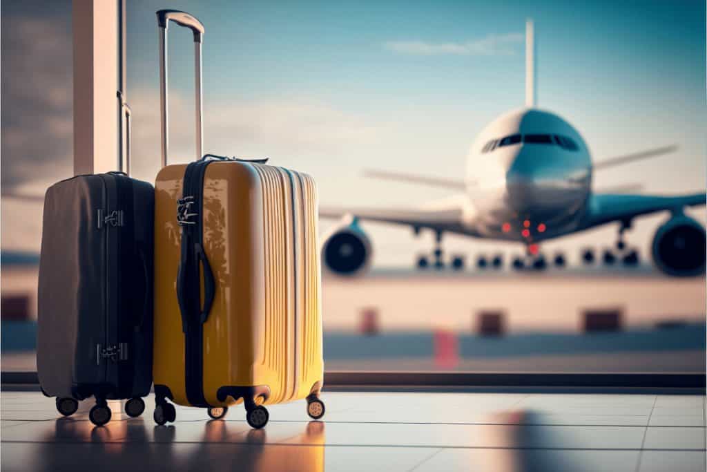 Zwei Koffer an einem Flughafenfenster mit einem Flugzeug auf der Startbahn im Hintergrund.