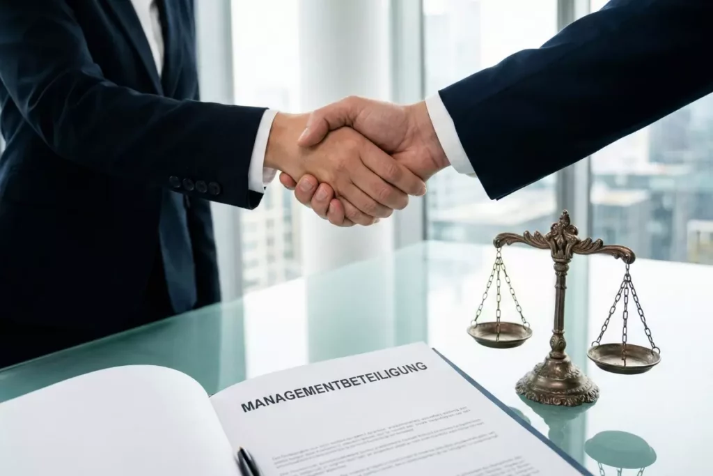 Two people in business suits shake hands over a table with legal documents and judicial scales.